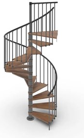 Scala a chiocciola a base tonda Luna IRIS, larghezza 120 cm, struttura in acciaio grigio antracite, gradini in legno faggio, colore noce
