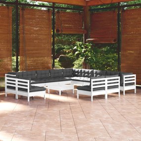 Set divani da giardino 14 pz con cuscini bianchi legno di pino