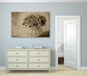 Quadro su tela – Rose nel vaso in versione seppia
