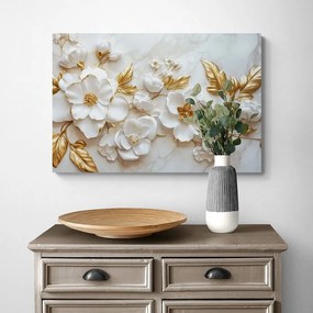 Quadro su tela – Fiori 3D con foglie dorate