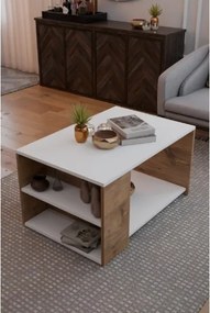 Tavolino Da Salotto Design Moderno 60x90x48 Con Vani Laterali Zeno Bianco e Rovere