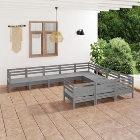 Set Divani da Giardino 10 pz Grigio in Legno Massello di Pino