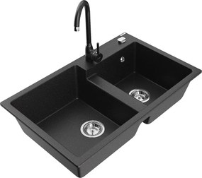 Mexen Tomas lavello in granito a 2 vasche con rubinetto da cucina Telma, nero/argento metallizzato - 6516-73-670200-70