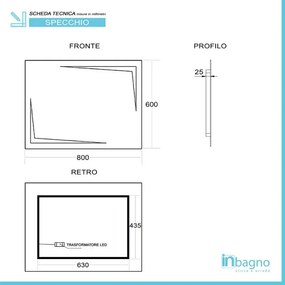 Specchio bagno 80x60 cm reversibile con LED naturale agli angoli