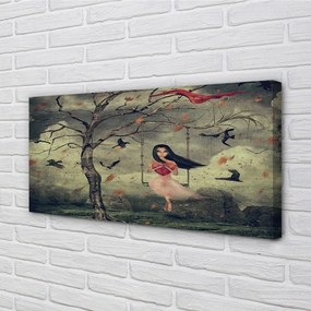 Quadro su tela Tree Birds Girl Cloud Rocks 100x50 cm