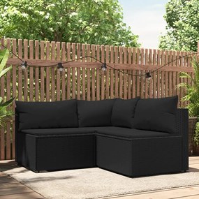 Set divani da giardino 3 pz con cuscini nero in polyrattan