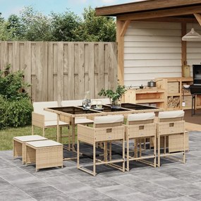 Set da pranzo da giardino 11 pz con cuscini beige in polyrattan