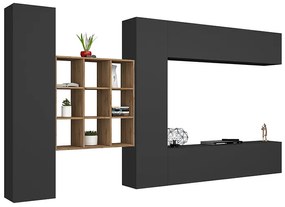 Soggiorno MARUSKA  Parete Attrezzata 350 cm, Bianco Lucido/Antracite, Libreria Rovere Wotan