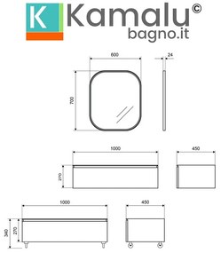 Kamalu - composizione bagno con mobile a rotelle e mobile sospeso 100 cm | kam-kk1002