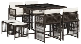 Set da pranzo da giardino 9pz con cuscini marrone in polyrattan