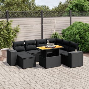 Set divani da giardino con cuscini 8 pz nero in polyrattan