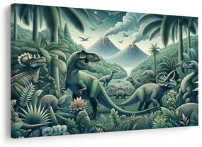 Quadro su tela – Dinosauri nella giungla con vulcani