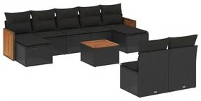 Set divani da giardino 10pz con cuscini in polyrattan nero