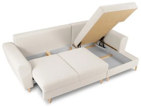 Divano angolare beige allungabile e con contenitore (con penisola a destra/con chaise lounge) con rivestimento in bouclé Kyoto – Cosmopolitan Design