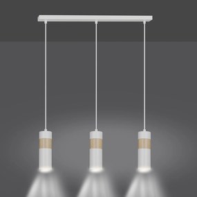 Lampadario 3 Luci Change In Acciaio Bianco A Cilindro Con Legno Naturale