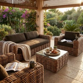 ROSEUS - salotto da giardino completo di cuscini intreccio in rattan naturale 3 posti
