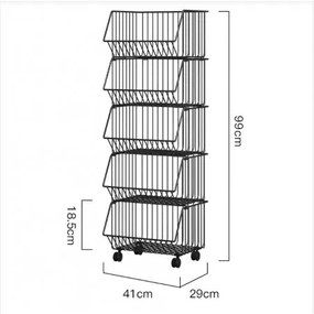 Scaffale nero con 5 cestini su ruote