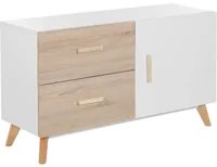 Credenza Bianca e Legno Chiaro MDF 2 Cassetti Scaffali Armadio Gambe in Legno Portaoggetti Soggiorno