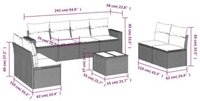 Set divano da giardino 9pz con cuscini grigio chiaro polyrattan