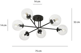 Plafoniera 6 Luci Brandi In Acciaio Nero A Bracci E Sfere In Vetro Trasparente