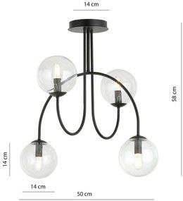 Plafoniera Moderna Utu 4 Luci In Acciaio Nero E Vetro Trasparente 50 Cm