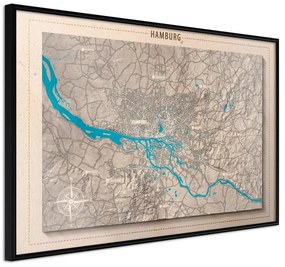 Poster  Raised Relief Map: Hamburg  Cornice Quadri Cornice nera, Larghezza x Altezza Home decor 60x40