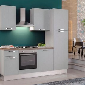 Cucina montata Dora bianco spatolato, lavello a sinistra, L 225 cm, completa di: cappa a camino, piano cottura a gas, forno, frigorifero