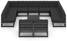 Set divani da giardino 12 pz con cuscini massello di pino nero