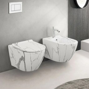 WC sospeso Rimless in ceramica marmorizzata bianca con sedile Tokyo