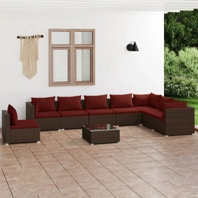 Set Divani da Giardino 9 pz con Cuscini in Polyrattan Marrone