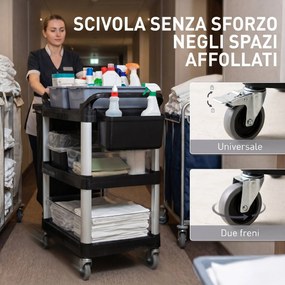 Carrello Pulizie Professionale 115x50x100 cm a 3 Ripiani con 2 Contenitori Rimovibili Bidone Laterale e 4 Ruote in PP Nero...