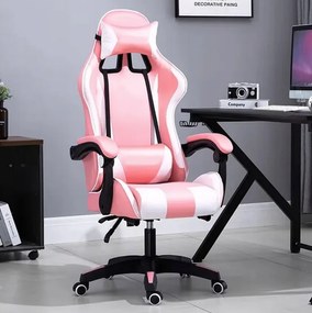 Comoda sedia da gaming con cuscino rosa e bianco