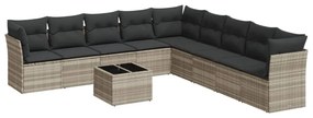 Set divano giardino 10 pz con cuscini grigio chiaro polyrattan