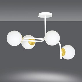 Lampadario 4 Luci Kalf Acciaio Bianco A Bracci Curvi E Sfere Vetro Opalino E Oro