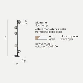 Piantana in metallo Oro con 5 diffusori in vetro Bianco MONILE H170 cm
