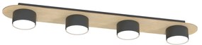 Plafoniera 4 Luci Freya In Acciaio Nero E Legno Naturale Diffusore A Cilindro