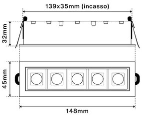 Faro LED da Incasso 12W, Foro 140x35mm, Bianco Colore  Bianco Naturale 4.000K