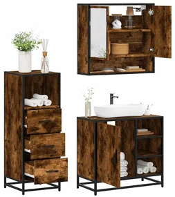 Set Mobili Da Bagno 3 Pz Rovere Fumo İn Legno Multistrato /