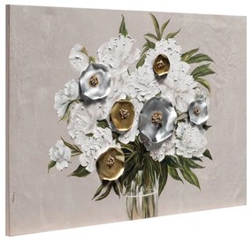 Dipinto su tela Fiori, bianco, beige, oro, argento 90 x 60 cm