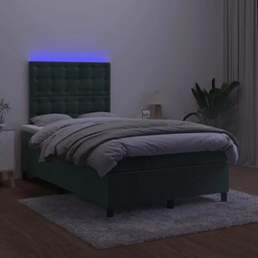 Letto a molle con materasso e led verde scuro 120x200cm velluto