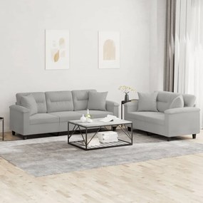 Set Divani 2 Pz Con Cuscini Grigio Chiaro İn Tessuto Microfibra /