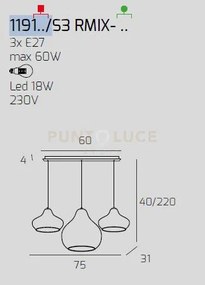 Sosp. cromo 3 luci rettangolare vetri (2 x piccolo + 1 x grande) tu...