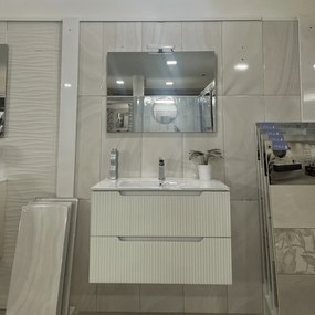 Mobile Bagno Sospeso Cannettato 80 Cm Due Cassetti Specchio Con Lampada Led 60x80 Cm Savini Due "Ibiza" Bianco Lucido