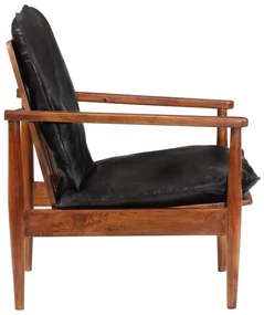 Poltrona nera in vera pelle e legno massello di acacia