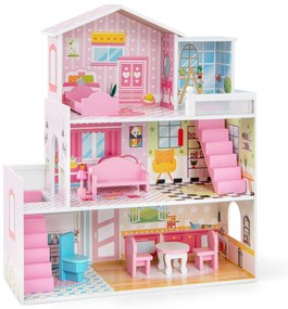 Costway Casa delle bambole in legno per bambini, Set di gioco con 5 stanze e 10 mobili carta da parati 60x25x70cm Rosa