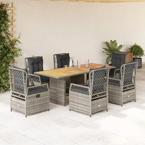 Set da pranzo da giardino 7 pz con cuscini in polyrattan grigio