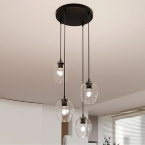 Lampadario 4 Luci Fuxi Base Tonda In Acciaio Nero E Vetri Trasparente