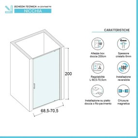 Porta doccia nicchia 70 cm a battente con vetro in cristallo trasparente Ted