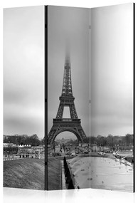 Paravento Torre nella nebbia (3-parti) - architettura parigina in bianco e nero