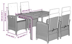 Set da Pranzo da Giardino 5 pz con Cuscini in Polyrattan Grigio